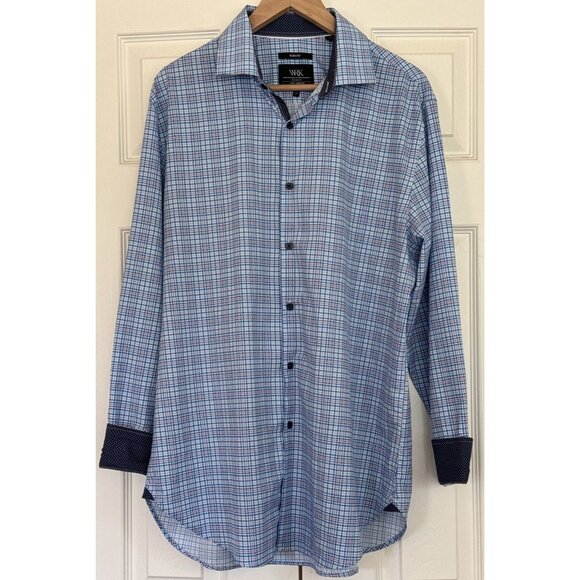 WRK Slim Fit Plaid 4 Way Stretch Flip Cuff Dress Shirt Size 17 - Picture 1 of 9